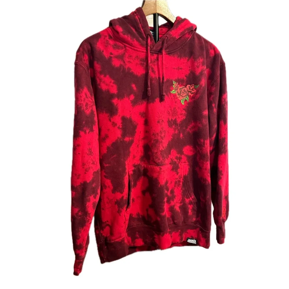 Broken Promises Pullover Hoodie Size M Red Black Tie Dye Rose Graphic